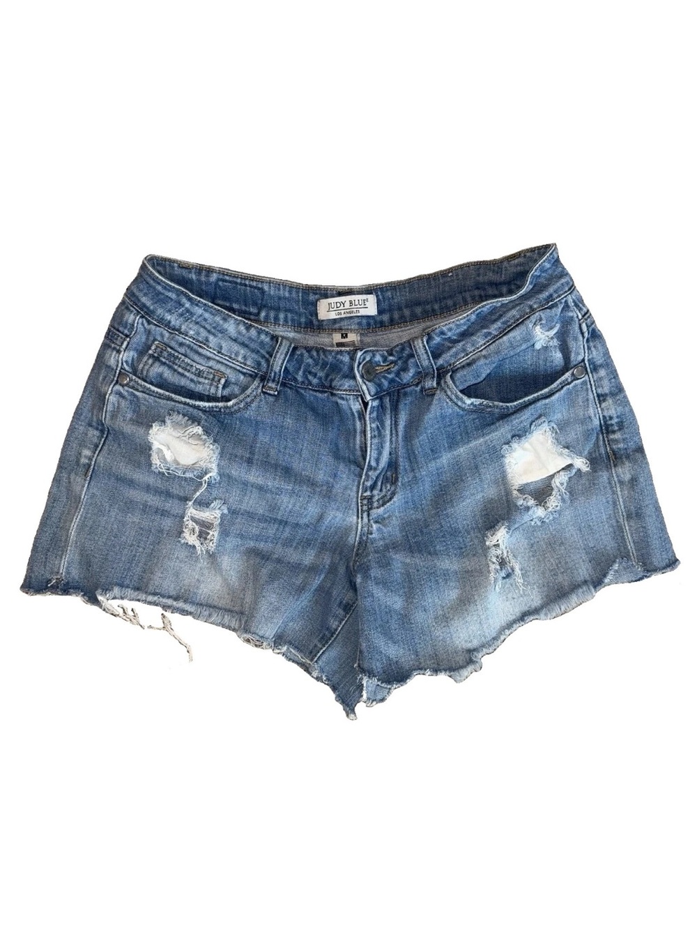 Judy Blue Women's Mid-Rise Medium Wash Denim Cut Off Shorts Distressed M W32